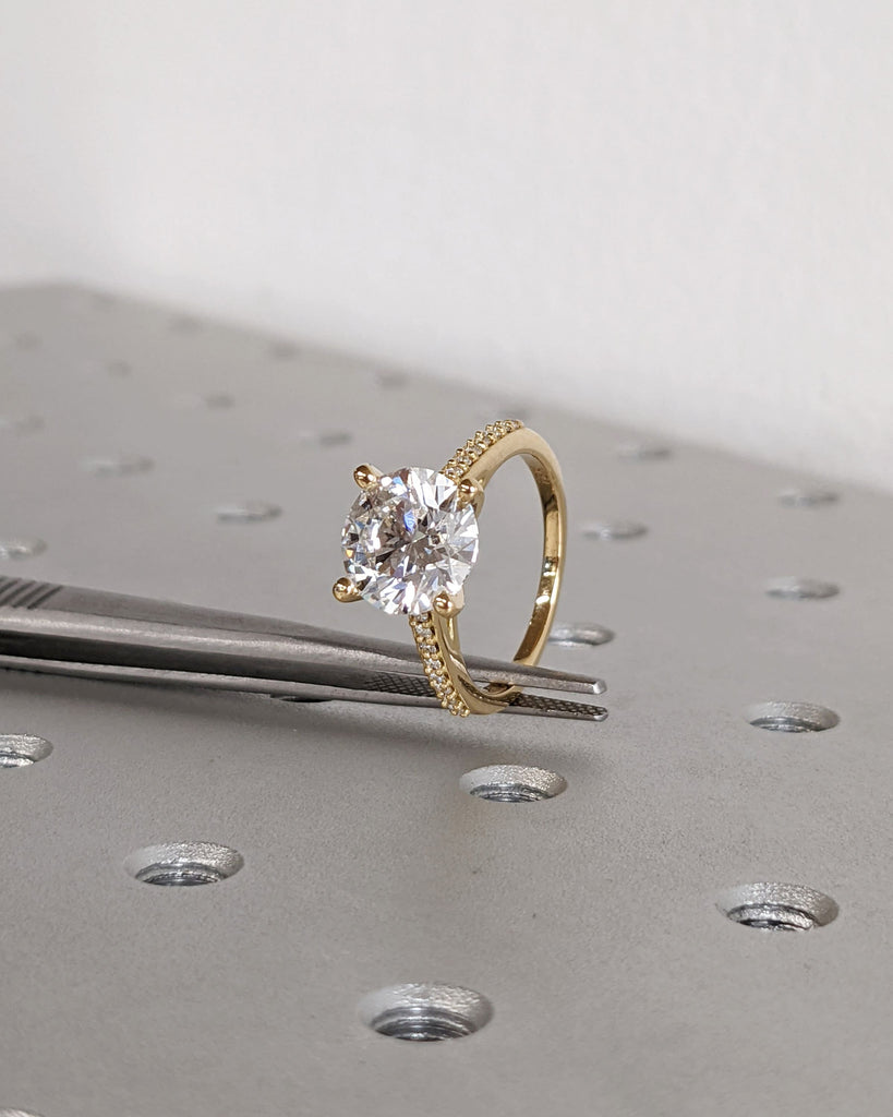 Classic Round Cut Lab Diamond Engagement Ring, Pavé White Diamond Band Bridal Ring, 18K Solid Yellow Gold Lab Grown Diamond Wedding Band
