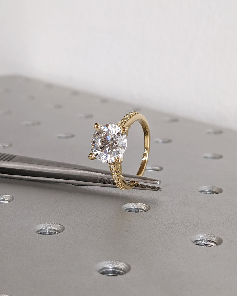 18K Solid Yellow Gold Moissanite Bridal Engagement Ring, Classic Round Cut Moissanite Gold Ring, Pavé Diamond Wedding Ring, Anniversary Gift