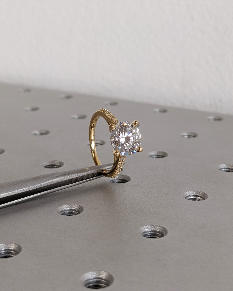 Classic Round Cut Lab Diamond Engagement Ring, Pavé White Diamond Band Bridal Ring, 18K Solid Yellow Gold Lab Grown Diamond Wedding Band