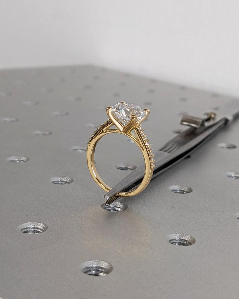 18K Solid Yellow Gold Moissanite Bridal Engagement Ring, Classic Round Cut Moissanite Gold Ring, Pavé Diamond Wedding Ring, Anniversary Gift