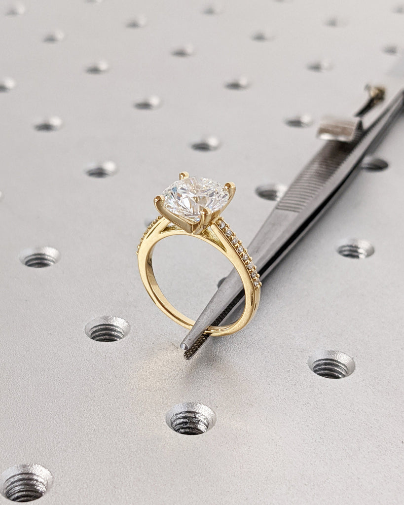 18K Solid Yellow Gold Moissanite Bridal Engagement Ring, Classic Round Cut Moissanite Gold Ring, Pavé Diamond Wedding Ring, Anniversary Gift