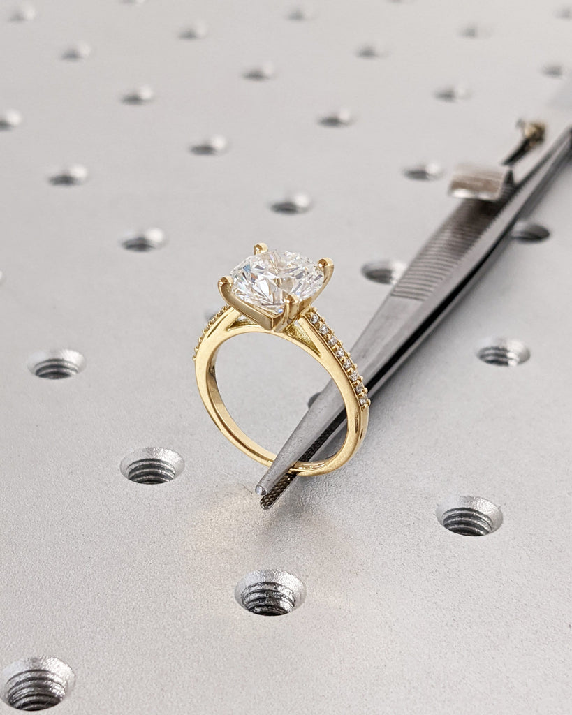 Classic Round Cut Lab Diamond Engagement Ring, Pavé White Diamond Band Bridal Ring, 18K Solid Yellow Gold Lab Grown Diamond Wedding Band