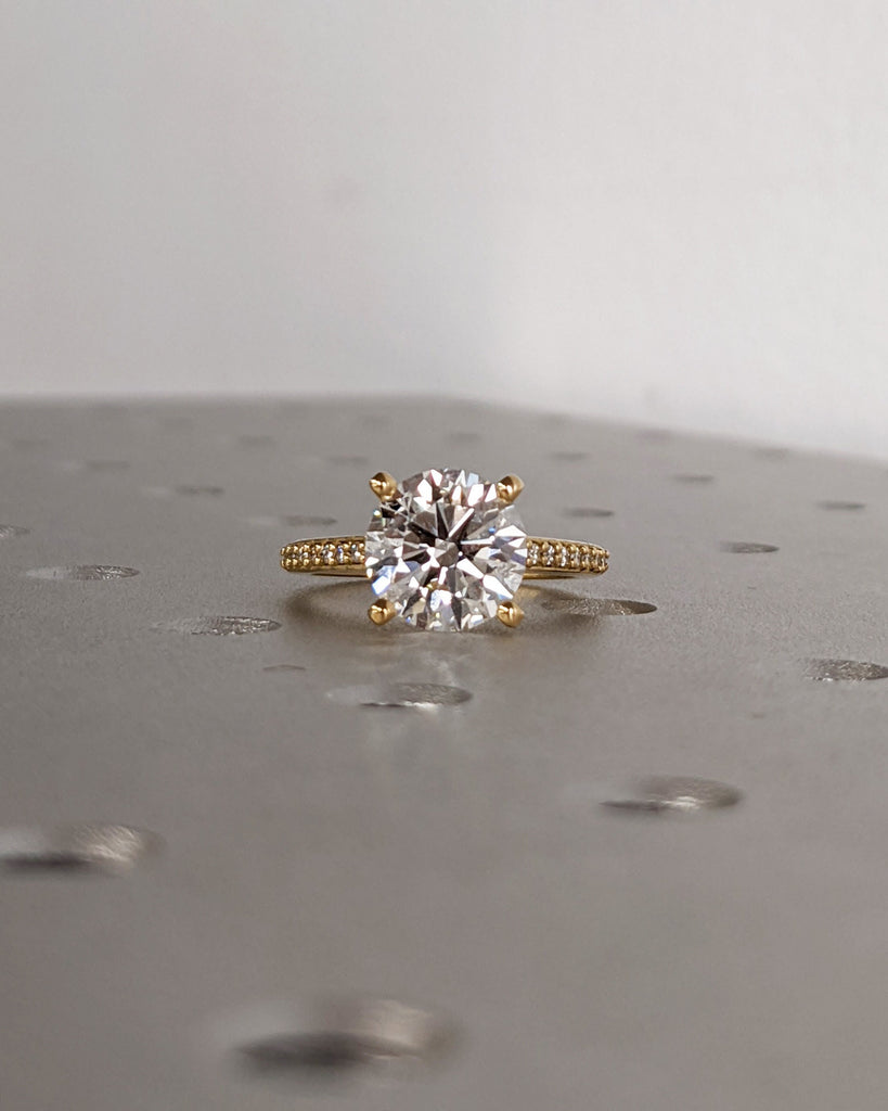 Classic Round Cut Lab Diamond Engagement Ring, Pavé White Diamond Band Bridal Ring, 18K Solid Yellow Gold Lab Grown Diamond Wedding Band