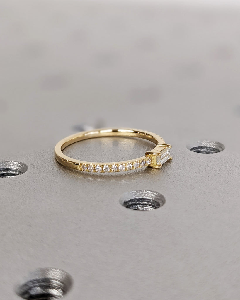 18K Yellow Gold Natural Diamond Ring, Brilliant Baguette Cut Diamond Engagement Ring, Custom Pavé White Diamond Band, Dainty Promise Ring