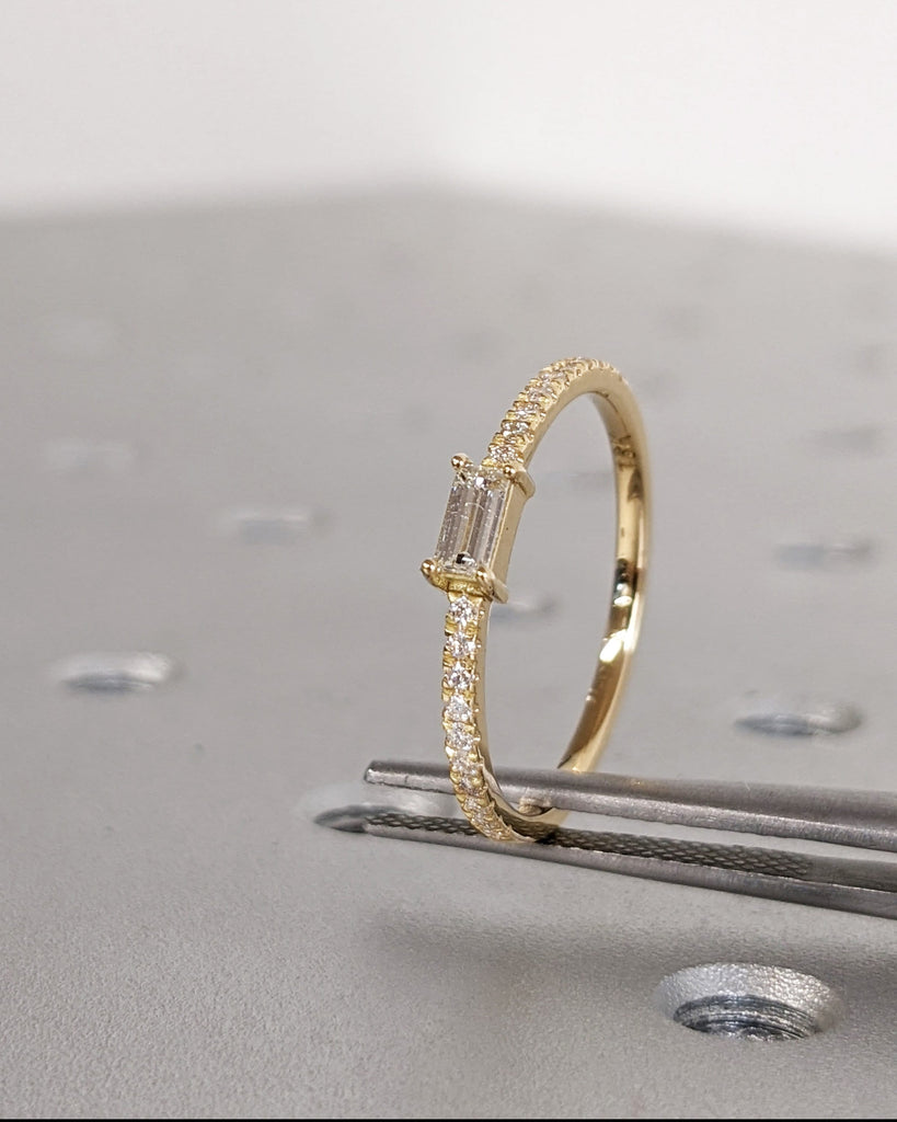 18K Yellow Gold Natural Diamond Ring, Brilliant Baguette Cut Diamond Engagement Ring, Custom Pavé White Diamond Band, Dainty Promise Ring