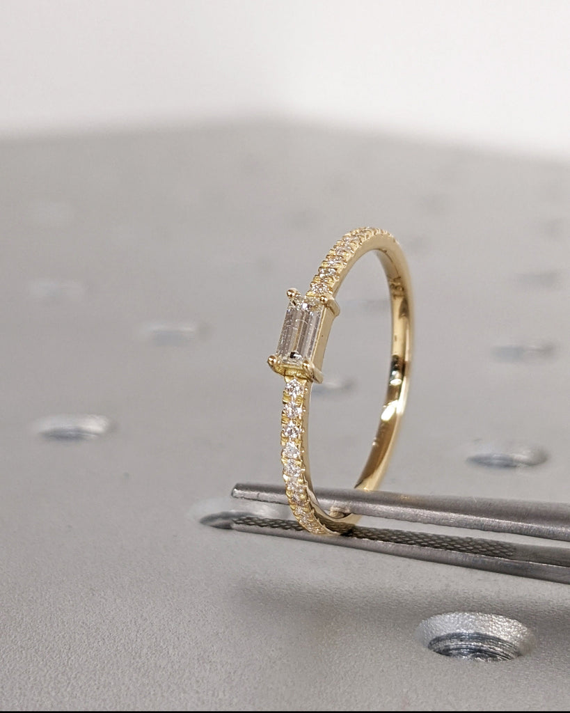 Brilliant Lab Grown Diamond Engagement Ring, Dainty 18K Solid Yellow Gold White Diamond Wedding Ring, Baguette Cut Lab Diamond Eternity Ring