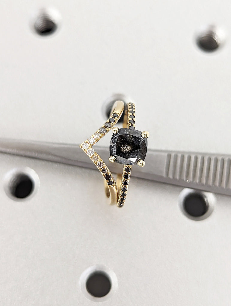 1920's Raw Salt and Pepper Diamond, Vintage Cushion Cut Diamond Ring, Unique Engagement Bridal Set, Gray Pear, Black/Yellow/Rose/White Gold