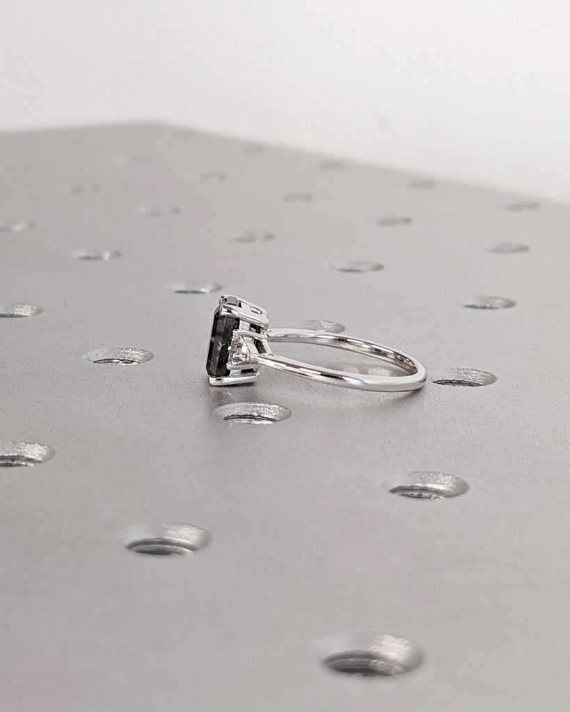 14K Solid White Gold Emerald Cut Salt and Pepper Wedding Band, Unique Trillion White Diamond Engagement Ring