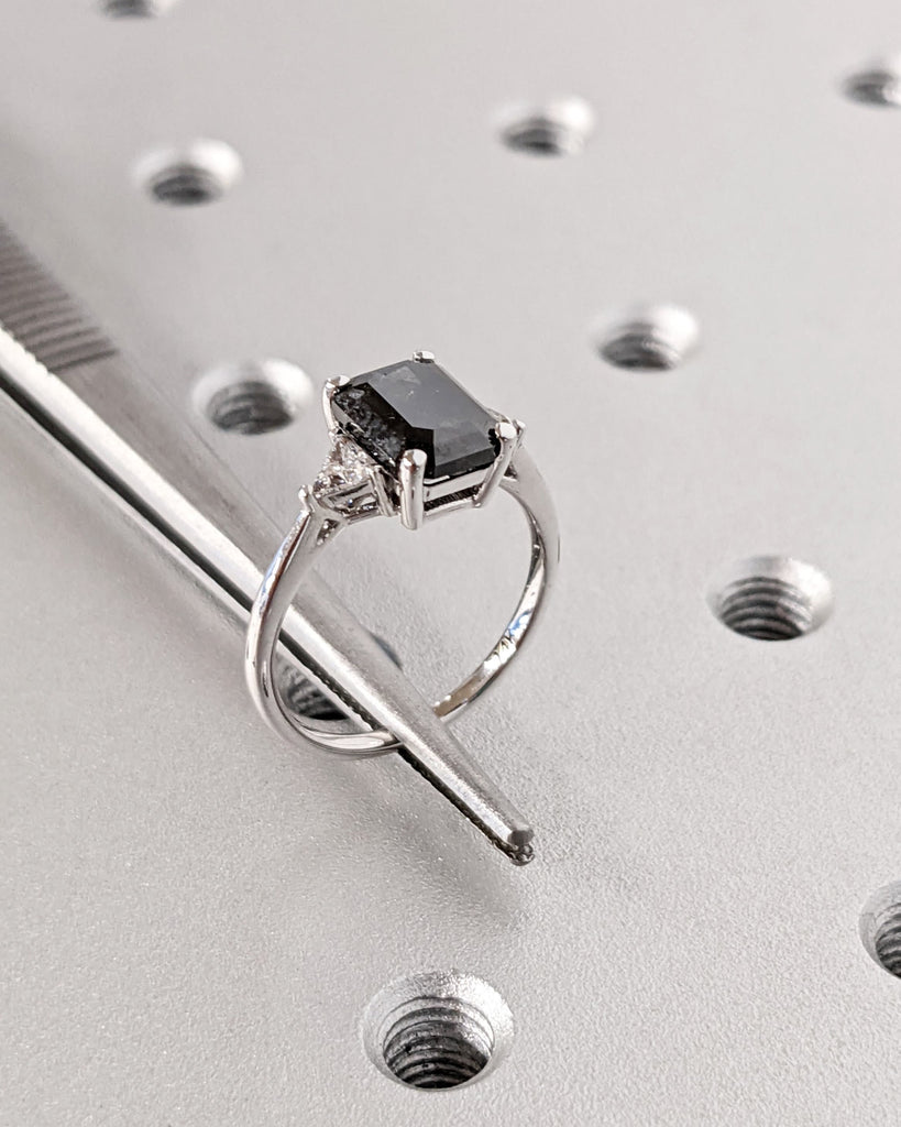 14K Solid White Gold Emerald Cut Salt and Pepper Wedding Band, Unique Trillion White Diamond Engagement Ring