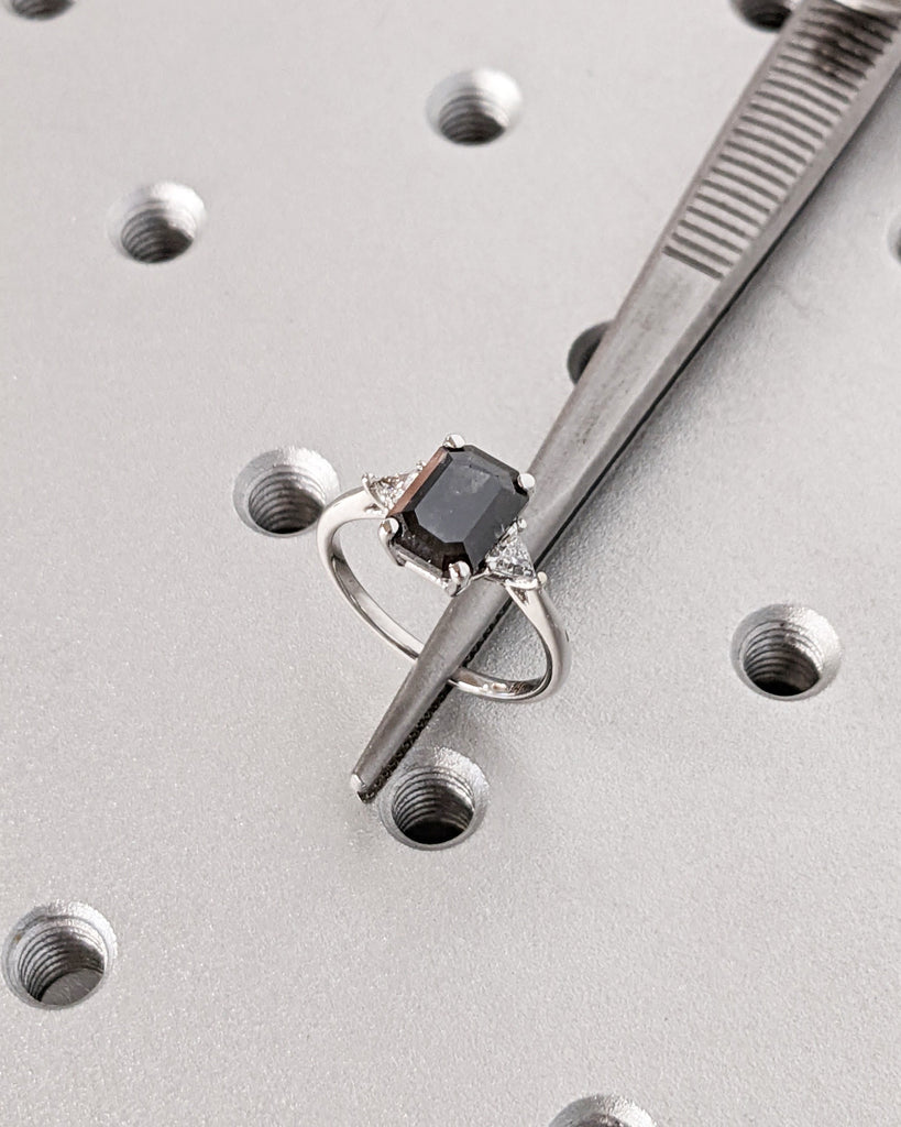 14K Solid White Gold Emerald Cut Salt and Pepper Wedding Band, Unique Trillion White Diamond Engagement Ring