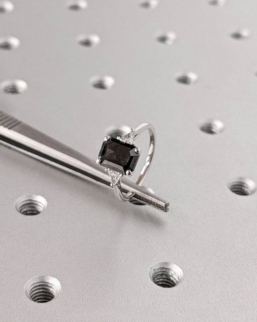 14K Solid White Gold Emerald Cut Salt and Pepper Wedding Band, Unique Trillion White Diamond Engagement Ring