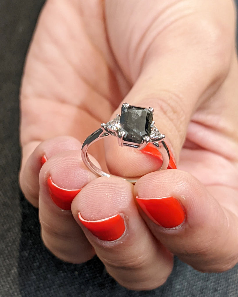 14K Solid White Gold Emerald Cut Salt and Pepper Wedding Band, Unique Trillion White Diamond Engagement Ring