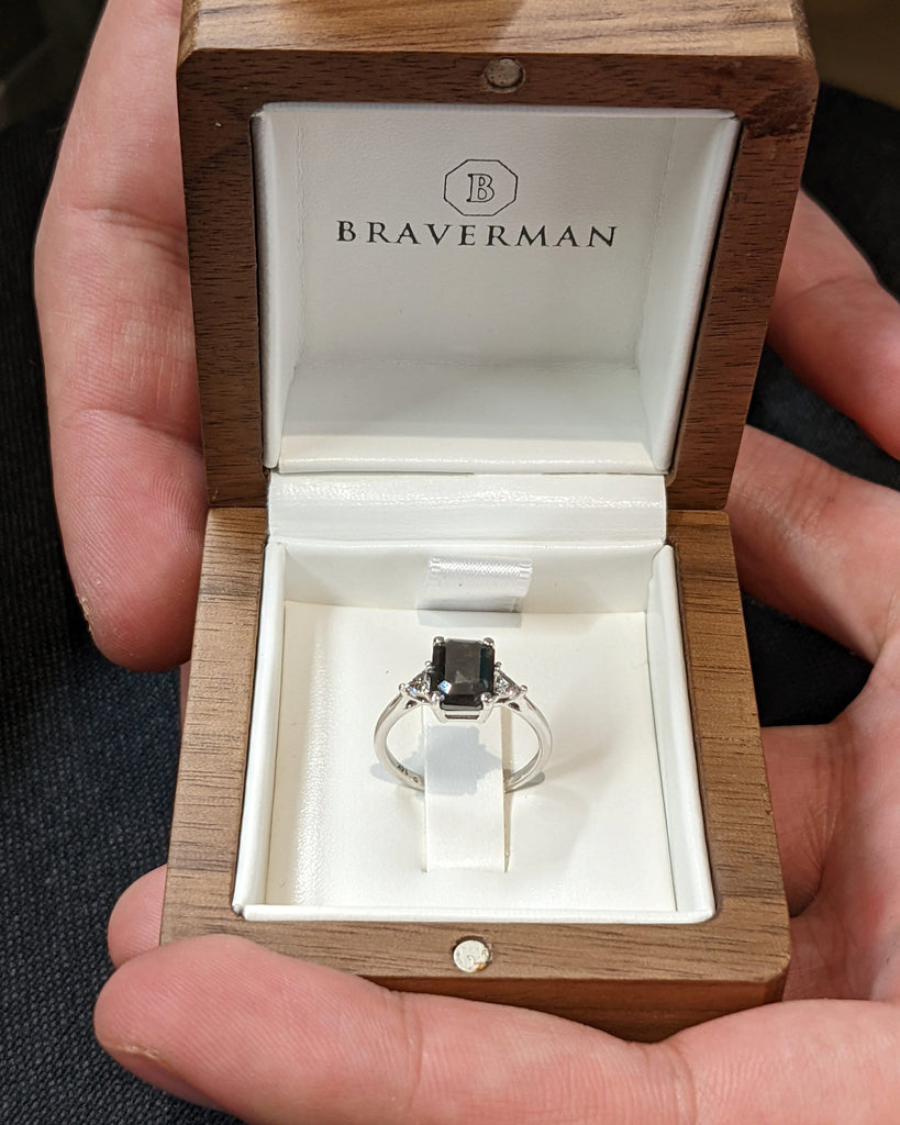 14K Solid White Gold Emerald Cut Salt and Pepper Wedding Band, Unique Trillion White Diamond Engagement Ring