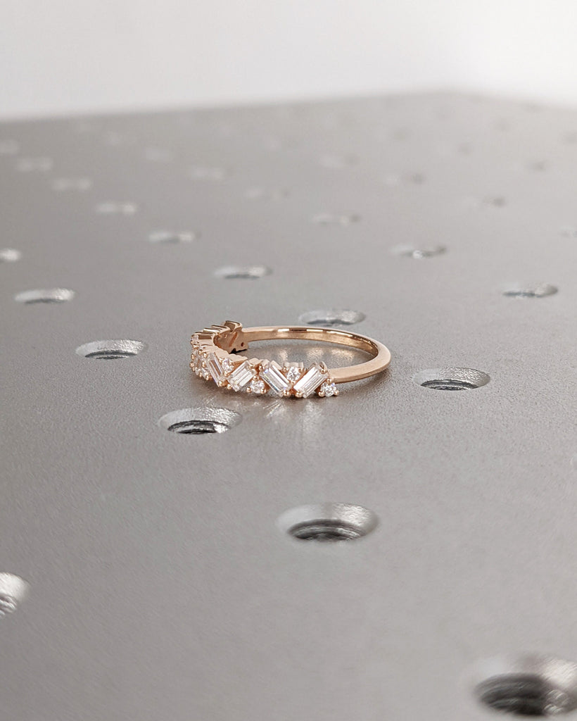 14k Rose Gold Stacking Ring, Diamond Wedding Band, Half Eternity Baguette Ring, Moissanite Matching Rings for Women, Baguette Wedding Band