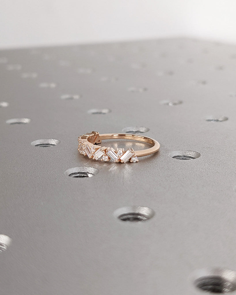 Diamond Cluster Ring | 14K Gold Diamond Ring | Baguette and Round Diamond Stacking Diamond Ring | 14k Solid Rose, White, Yellow Gold Band