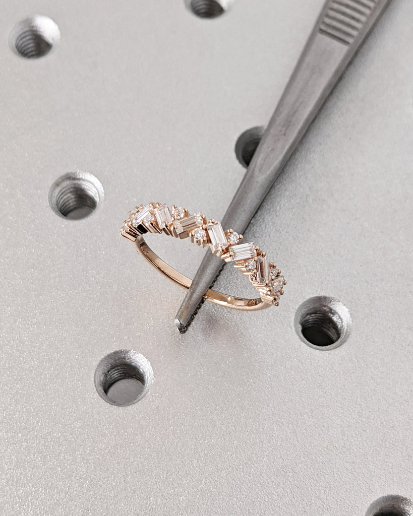 14k Rose Gold Stacking Ring, Diamond Wedding Band, Half Eternity Baguette Ring, Moissanite Matching Rings for Women, Baguette Wedding Band
