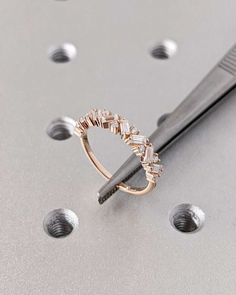 14k Rose Gold Stacking Ring, Diamond Wedding Band, Half Eternity Baguette Ring, Moissanite Matching Rings for Women, Baguette Wedding Band