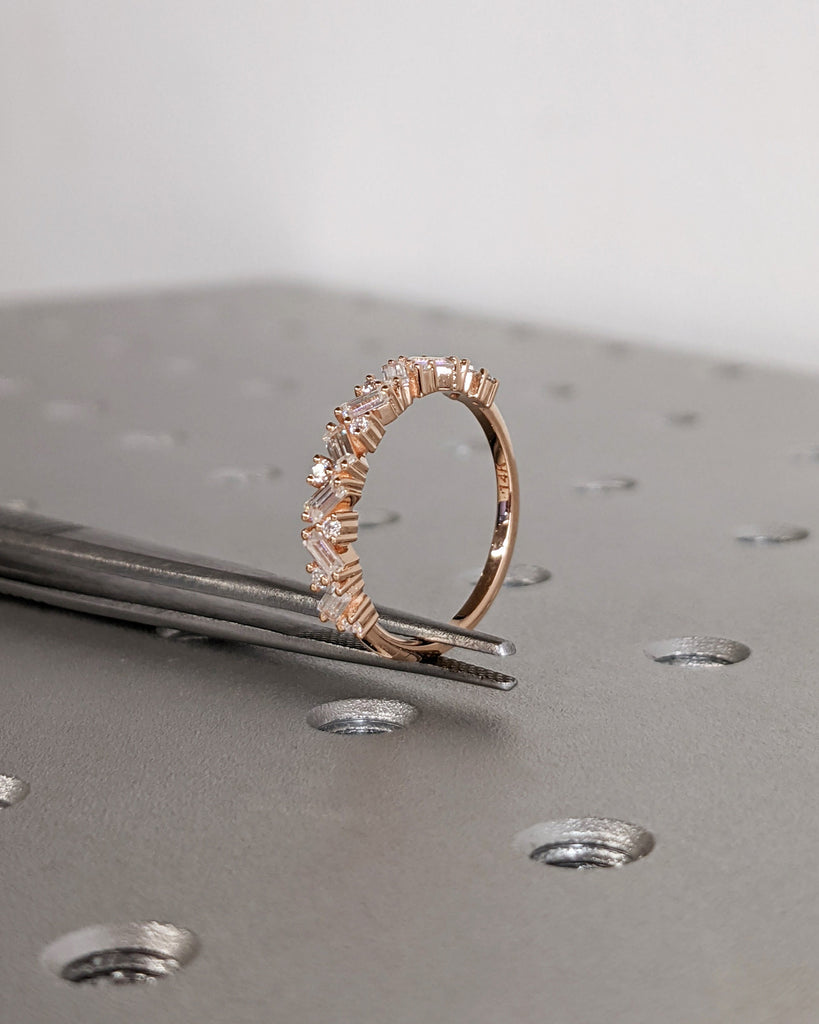 14k Rose Gold Stacking Ring, Diamond Wedding Band, Half Eternity Baguette Ring, Moissanite Matching Rings for Women, Baguette Wedding Band