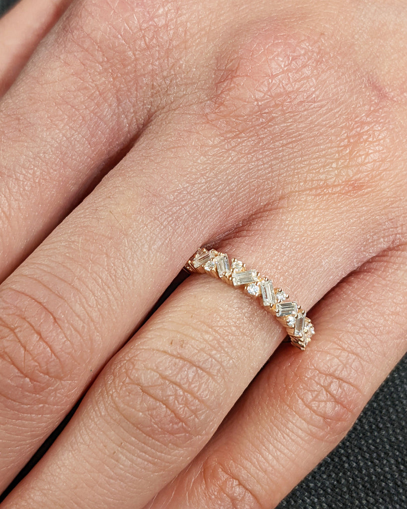 Classic Stacking Diamond Cluster Ring / Zig Zag Baguette and Round Diamonds or Moissanites / 14k Solid Rose, White, Yellow Gold Diamond Ring