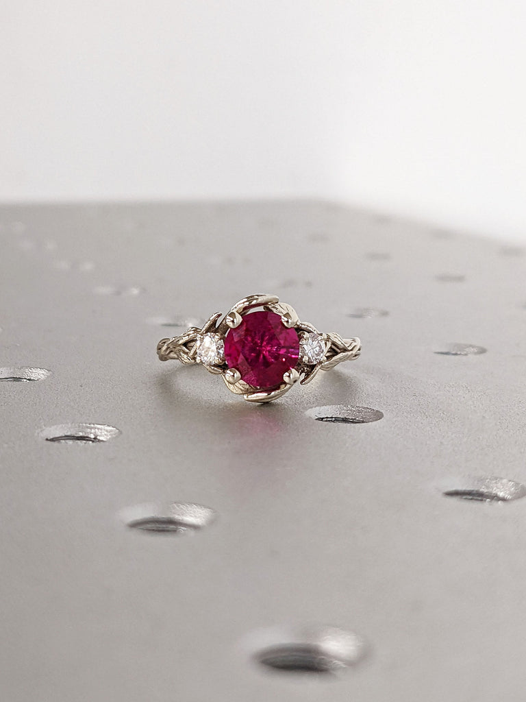 1ct Round Lab Ruby 14K White Gold Promise Ring | Nature Inspired Leaves Motif Engagement Ring | Custom Wedding Anniversary Ring for Her image #4