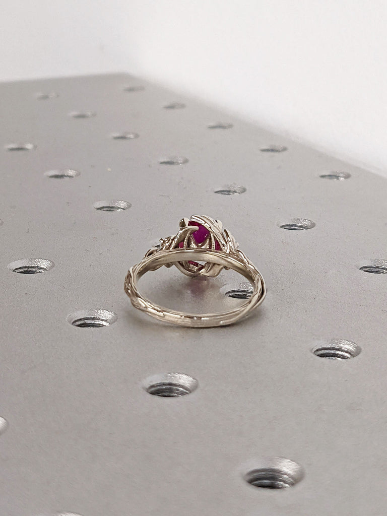 1ct Round Lab Ruby 14K White Gold Promise Ring | Nature Inspired Leaves Motif Engagement Ring | Custom Wedding Anniversary Ring for Her image #9