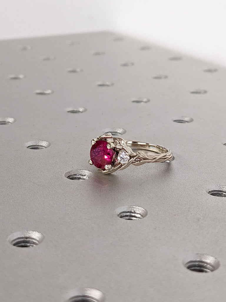 1ct Round Lab Ruby 14K White Gold Promise Ring | Nature Inspired Leaves Motif Engagement Ring | Custom Wedding Anniversary Ring for Her image #5