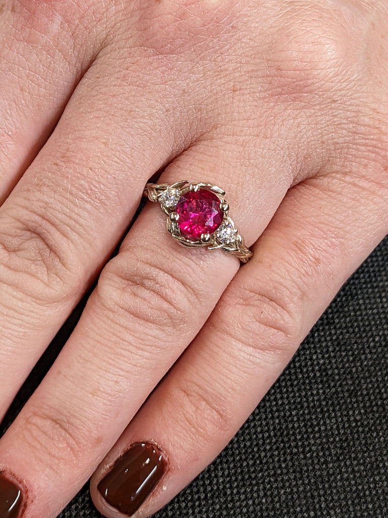 1ct Round Lab Ruby 14K White Gold Promise Ring | Nature Inspired Leaves Motif Engagement Ring | Custom Wedding Anniversary Ring for Her image #2