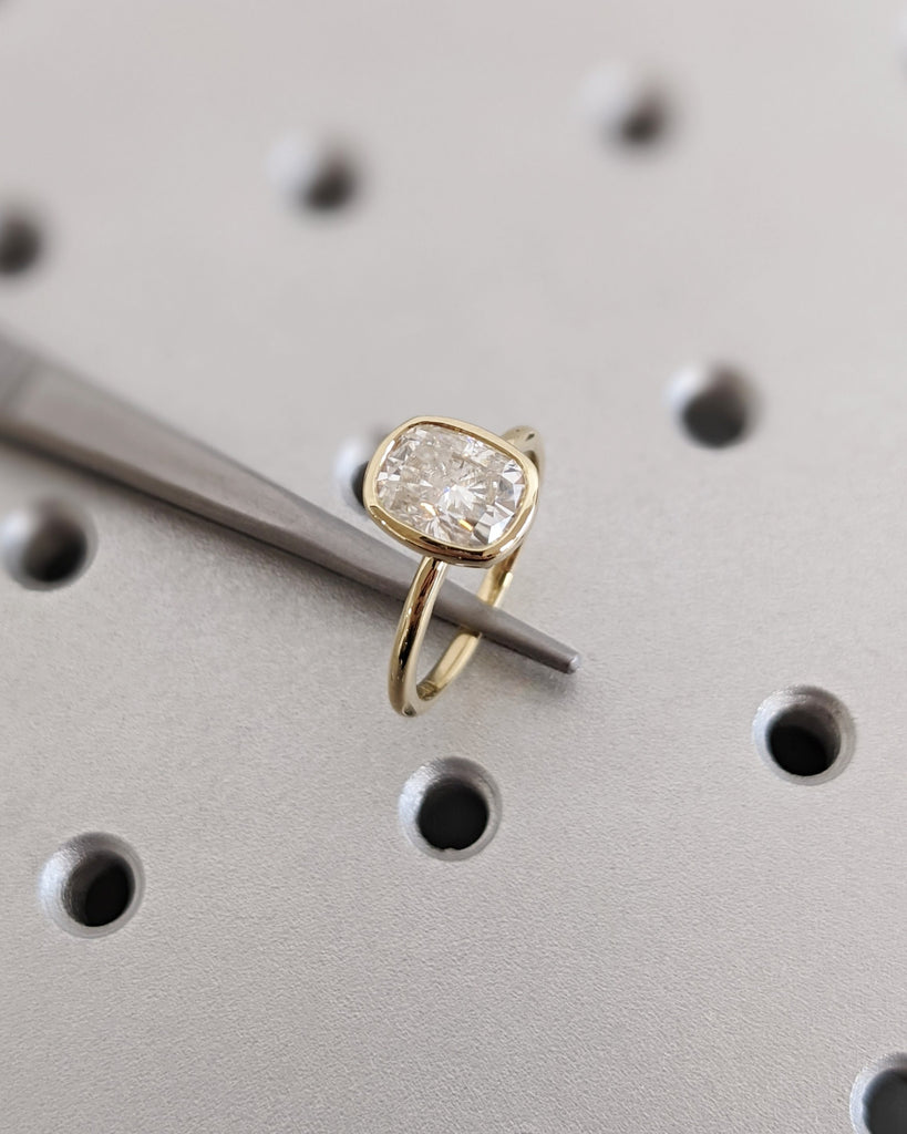 Elongated Cushion Bezel Solitaire Ring Brilliant Cut Lab Diamond Engagement Ring Dainty Promise Bezel Ring Solitaire Bezel Set Vintage Ring image #5