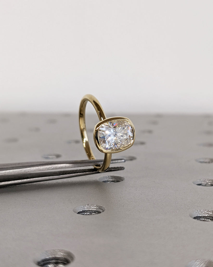 Elongated Cushion Bezel Solitaire Ring Brilliant Cut Lab Diamond Engagement Ring Dainty Promise Bezel Ring Solitaire Bezel Set Vintage Ring image #9