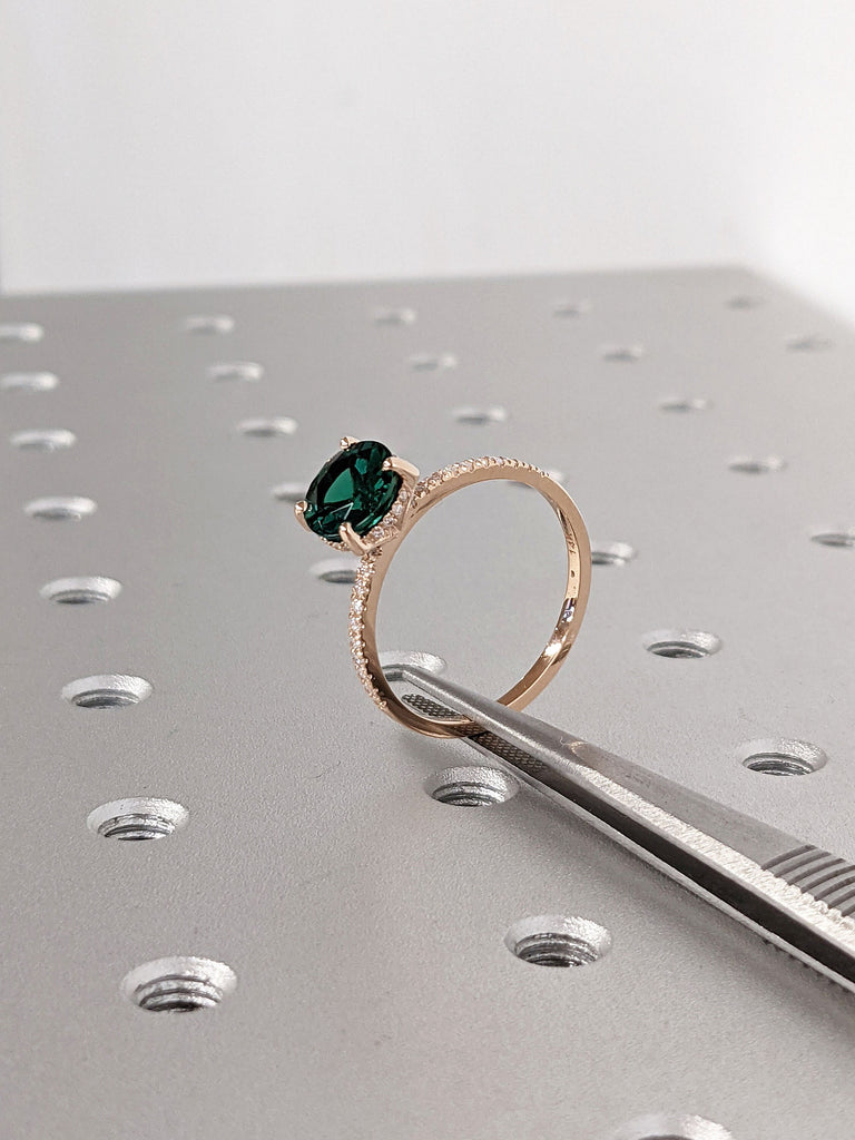 14K Rose Gold Diamond Hidden Halo Lab Emerald Solitaire May Birthstone Ring