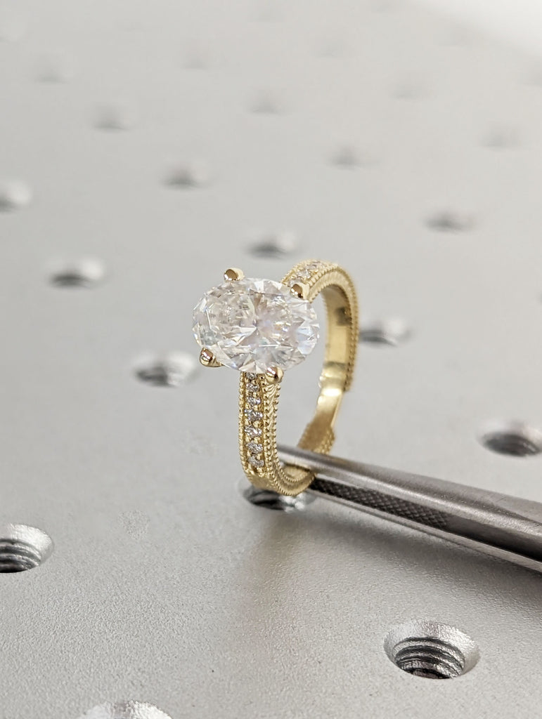 2ct Oval Lab Diamond Vintage Promise Ring | 14K Yellow Gold Milgrain Engagement Ring | Custom Leaves Engraving Wedding Jewellery for Her image #2