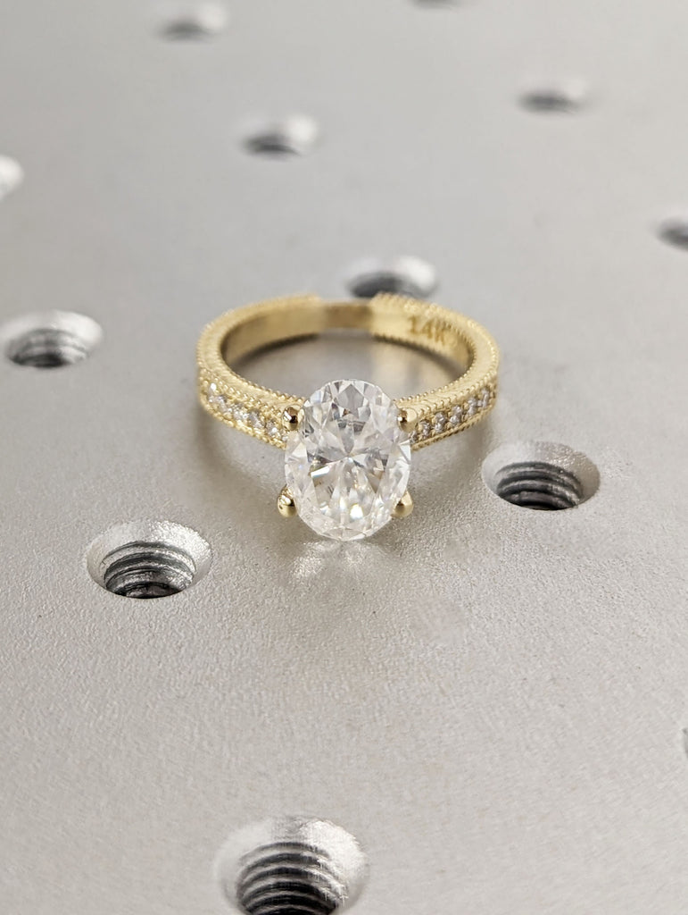 Genuine Lab Grown Diamond Vintage Engagement Ring | Nature Inspired Milgrain Edge Wedding Band | Solid Yellow Gold Leaf Ring image #5