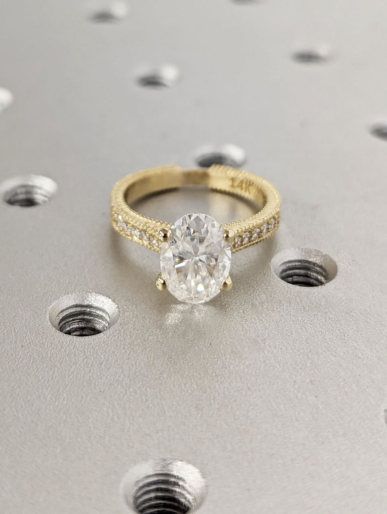 2ct Oval Lab Diamond Vintage Promise Ring | 14K Yellow Gold Milgrain Engagement Ring | Custom Leaves Engraving Wedding Jewellery for Her image #5