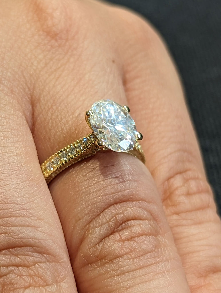 2ct Oval Lab Diamond Vintage Promise Ring | 14K Yellow Gold Milgrain Engagement Ring | Custom Leaves Engraving Wedding Jewellery for Her image #4