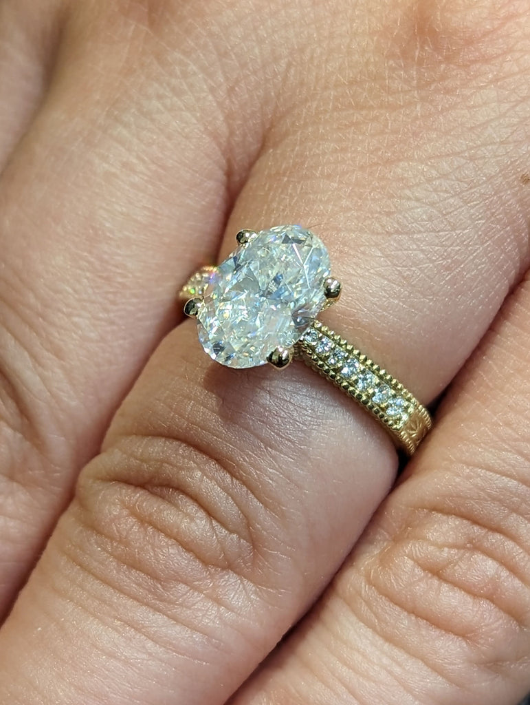 2ct Oval Lab Diamond Vintage Promise Ring | 14K Yellow Gold Milgrain Engagement Ring | Custom Leaves Engraving Wedding Jewellery for Her image #7