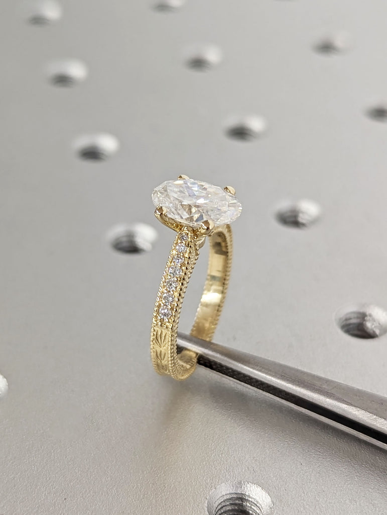 2ct Oval Lab Diamond Vintage Promise Ring | 14K Yellow Gold Milgrain Engagement Ring | Custom Leaves Engraving Wedding Jewellery for Her image #3