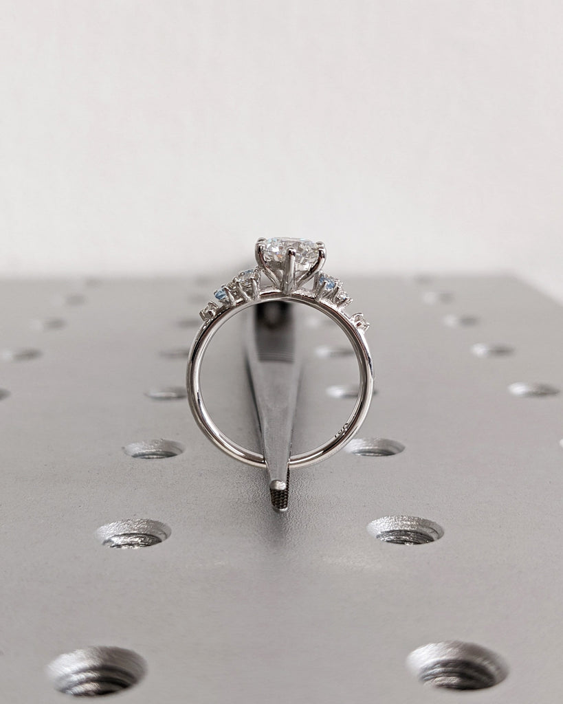 Round Lab Grown Diamond 18K White Gold Engagement Ring | Unique Snowdrift 6 Prong | Diamond Aquamarine Cluster Promise Ring | Art Deco Ring