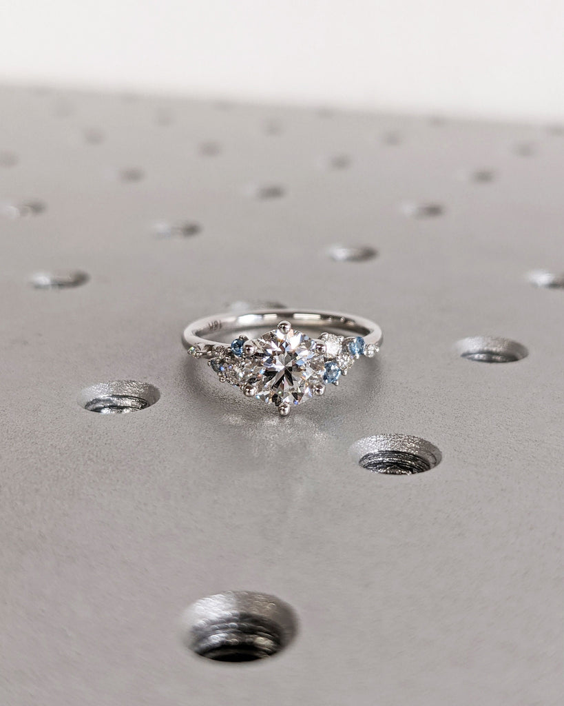 Unique Moissanite and Aquamarine Ring | Art Deco Engagement Ring | 14k Solid Gold Ring | Snowdrift Diamond Ring | Aquamarine Wedding Ring