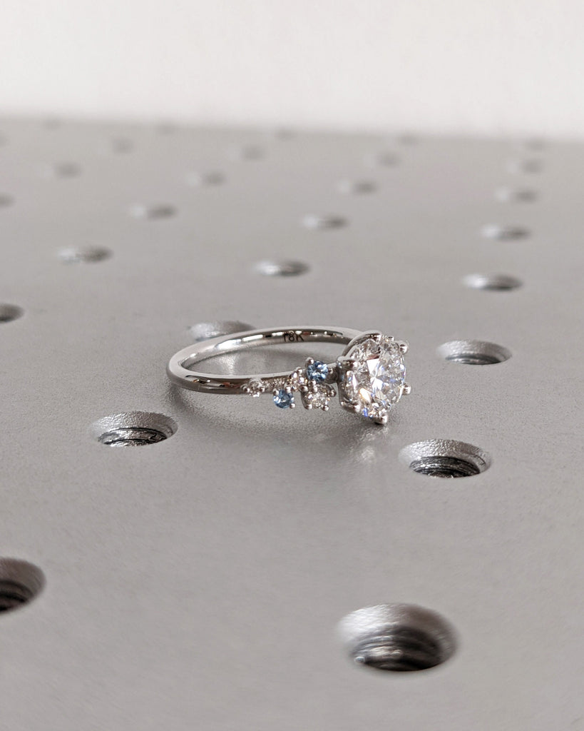 Unique Moissanite and Aquamarine Ring | Art Deco Engagement Ring | 14k Solid Gold Ring | Snowdrift Diamond Ring | Aquamarine Wedding Ring