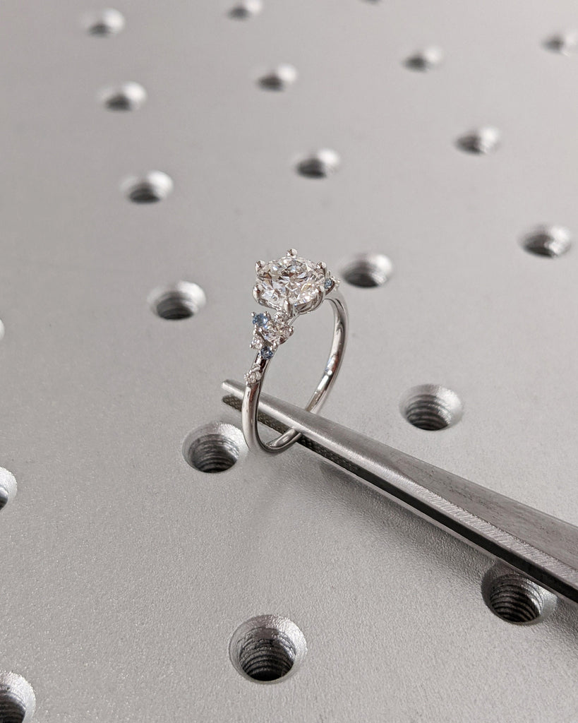 Unique Moissanite and Aquamarine Ring | Art Deco Engagement Ring | 14k Solid Gold Ring | Snowdrift Diamond Ring | Aquamarine Wedding Ring