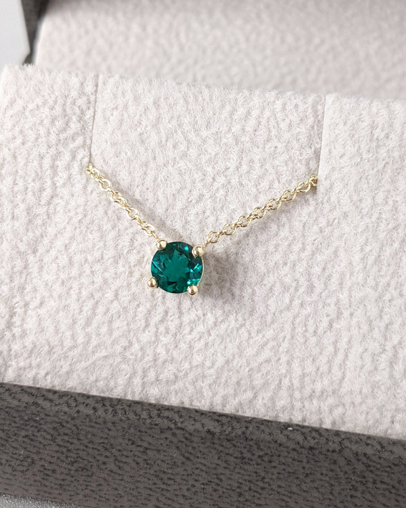 Solitaire Emerald Necklace, Green Gemstone Pendant Charm, Chain Necklace, 14K Yellow Gold, Minimalist, May Birthstone Necklace, Gift For Her