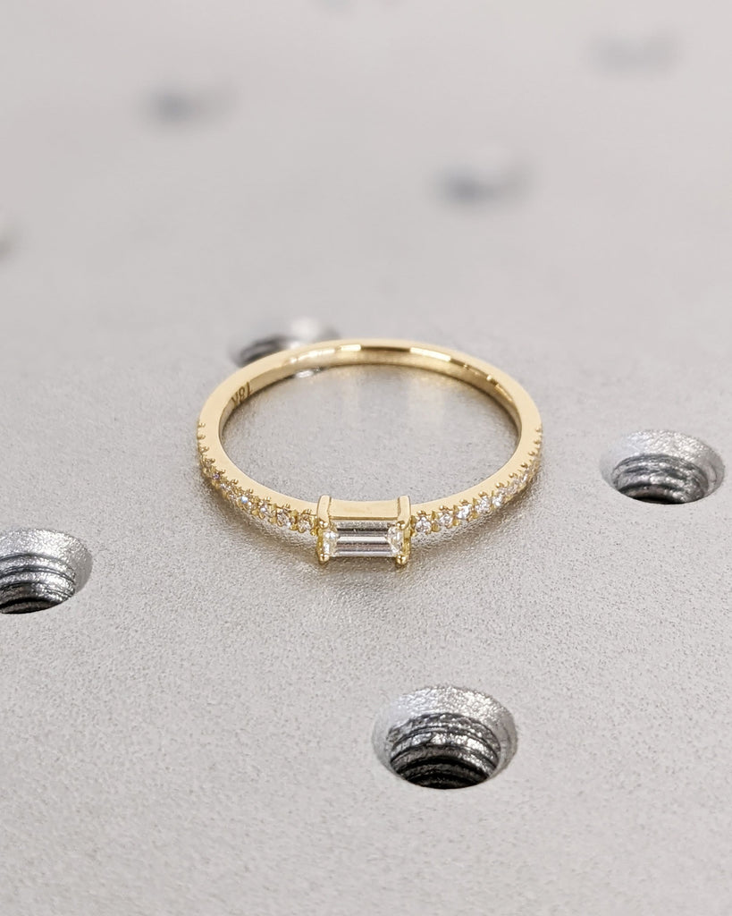 18K Yellow Gold Natural Diamond Ring, Brilliant Baguette Cut Diamond Engagement Ring, Custom Pavé White Diamond Band, Dainty Promise Ring