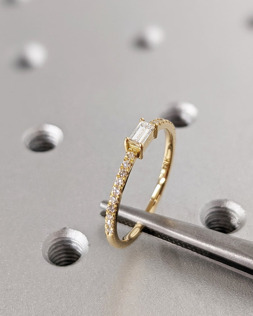 Solid Gold Baguette Cut Lab Grown Diamond Ring, 18K Yellow Gold Pavé Wedding Band, Dainty White Diamond Ring, Stackable Promise Ring For Her
