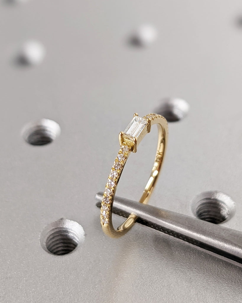 18K Yellow Gold Natural Diamond Ring, Brilliant Baguette Cut Diamond Engagement Ring, Custom Pavé White Diamond Band, Dainty Promise Ring