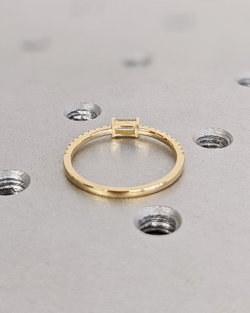 Baguette Cut Moissanite Wedding Ring, 18K 14K Solid Yellow Gold White Diamond Ring, Pavé Diamond Wedding Band, Minimalist Women’s Gold Ring