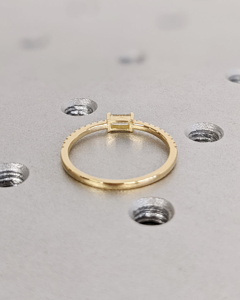 18K Yellow Gold Natural Diamond Ring, Brilliant Baguette Cut Diamond Engagement Ring, Custom Pavé White Diamond Band, Dainty Promise Ring