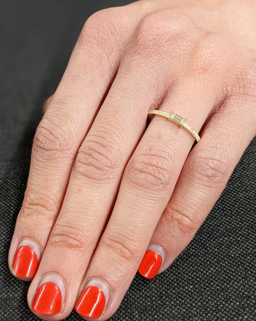 18K Yellow Gold Natural Diamond Ring, Brilliant Baguette Cut Diamond Engagement Ring, Custom Pavé White Diamond Band, Dainty Promise Ring