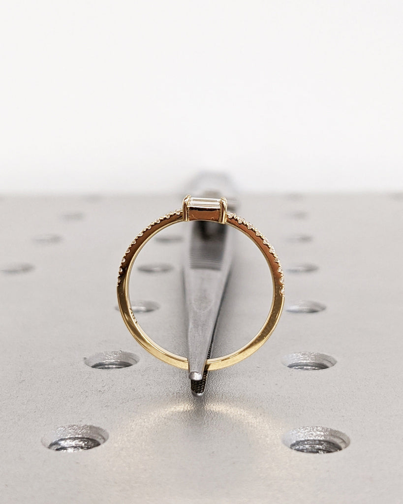 18K Yellow Gold Natural Diamond Ring, Brilliant Baguette Cut Diamond Engagement Ring, Custom Pavé White Diamond Band, Dainty Promise Ring