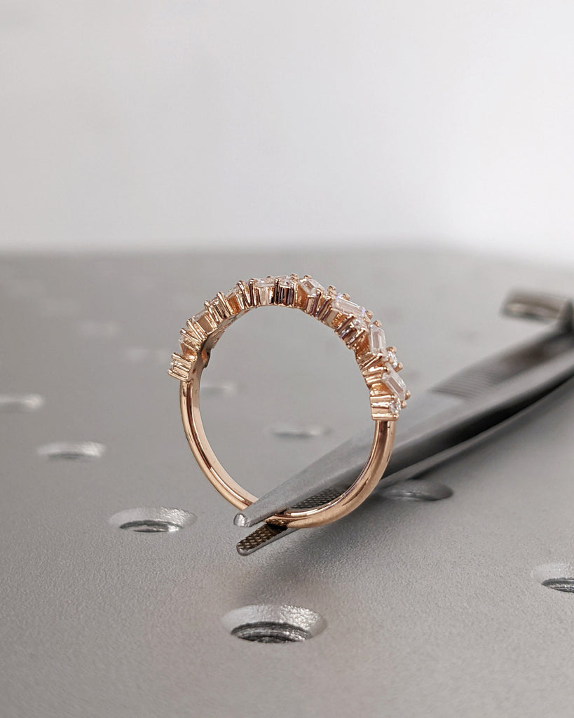 14k Rose Gold Stacking Ring, Diamond Wedding Band, Half Eternity Baguette Ring, Moissanite Matching Rings for Women, Baguette Wedding Band