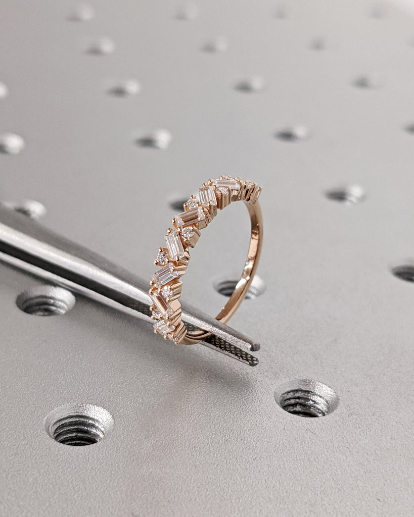 14k Rose Gold Stacking Ring, Diamond Wedding Band, Half Eternity Baguette Ring, Moissanite Matching Rings for Women, Baguette Wedding Band